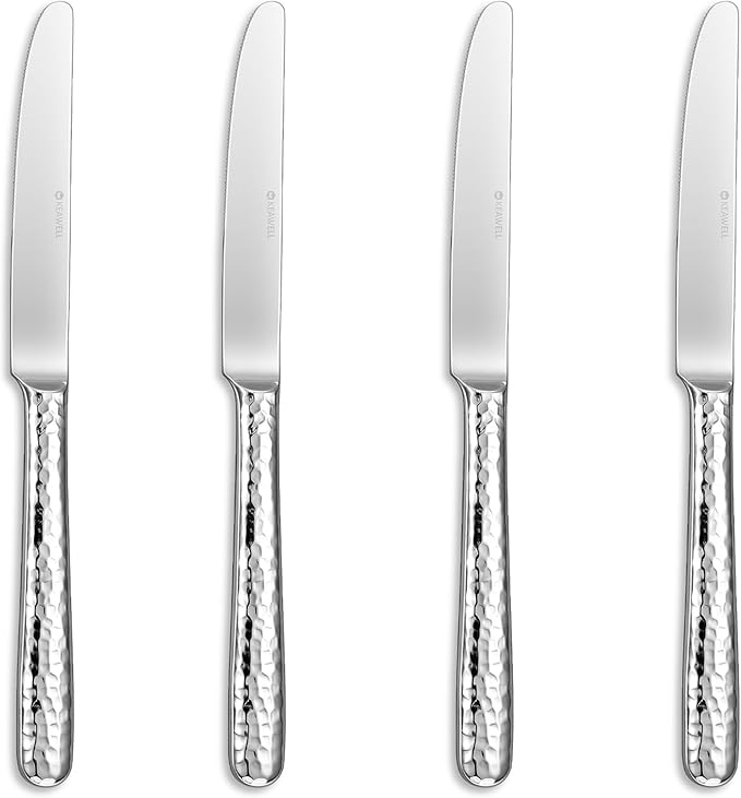 KEAWELL Premium 9.3" Louise Dinner Knives, Set of 4, Brightly-Mirror polished, Stainless Steel, Dishwasher Safe (Hammered)