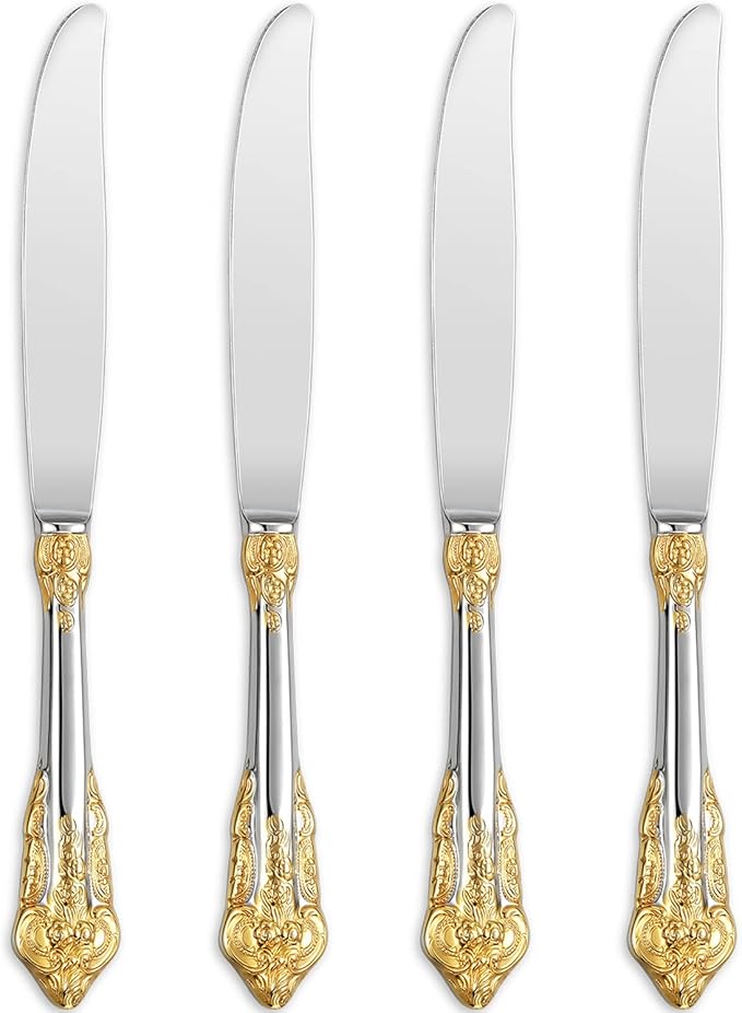 KEAWELL Gorgeous Dinner Knife, Set of 4, 18/10 Stainless Steel, Mirror Polished, Luxury Dinner Knife Set. (Gold Accent)