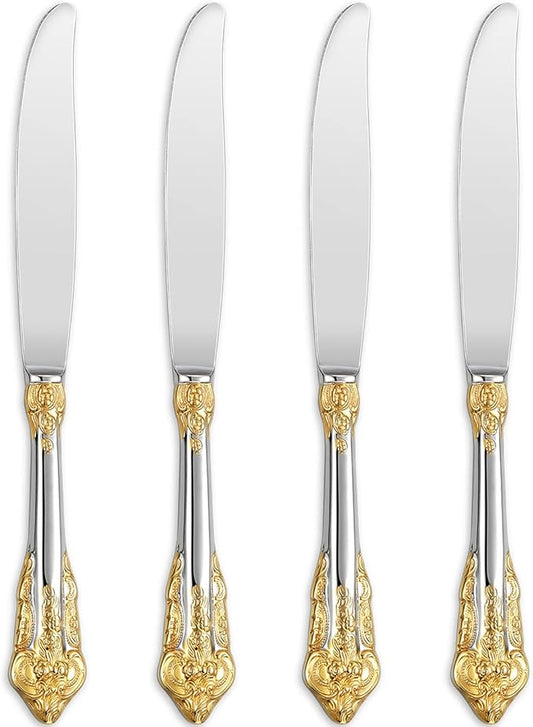 KEAWELL Gorgeous Dinner Knife, Set of 4, 18/10 Stainless Steel, Mirror Polished, Luxury Dinner Knife Set. (Gold Accent)