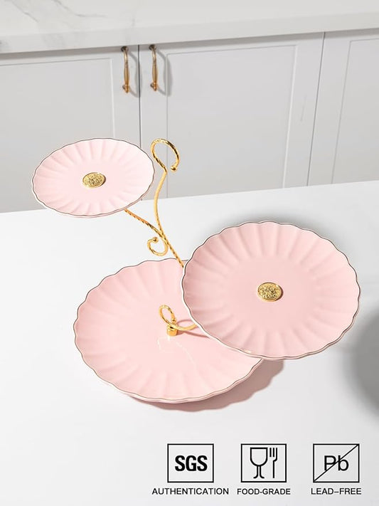 Sweejar 3 Tier Ceramic Cake Stand Wedding, Dessert Cupcake Stand for Tea Party Serving Platter (Milk Pink)