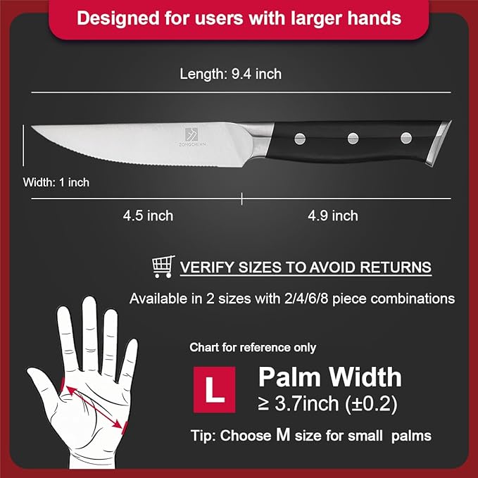 Steak Knives,4.5 Inch Steak Knives Set of 8, Micro-Cutting Point Serrated Edge, Very Sharp Steak Knife, Dishwasher Safe, 50CR15MOV Stainless Steel, Handle Ergonomic And Full Tang Design With Gift Box