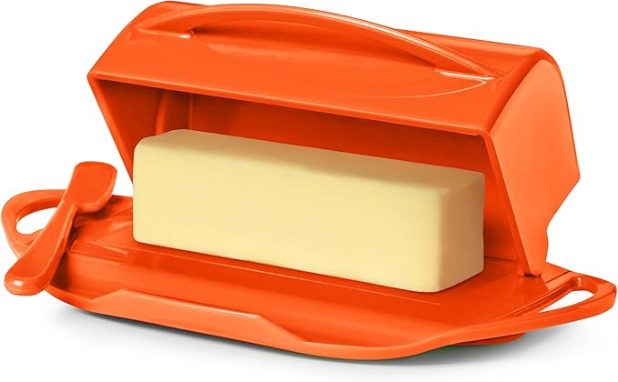 Butterie Flip-Top Butter Dish with Lid & Matching Knife, Holds 2 Sticks/European Butter, No-Mess Butter Holder, Shatterproof, Dishwasher Safe, Orange