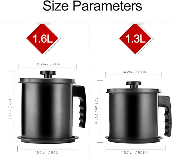 Cambom Bacon Grease Container with Fine Mesh Strainer, 1.6L almost 7 Full Cups Iron Cooking Oil Can with Removable a Coaster Tray for Kitchen Fat Storage Black