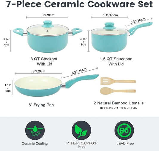 Pots and Pans Set, 7 Piece Nonstick Ceramic Cookware Set, Kitchen Induction Cookware Sets, Pots and Pans Non Stick with Stay Cool Handle, 100% PFOA Free, Turquoise