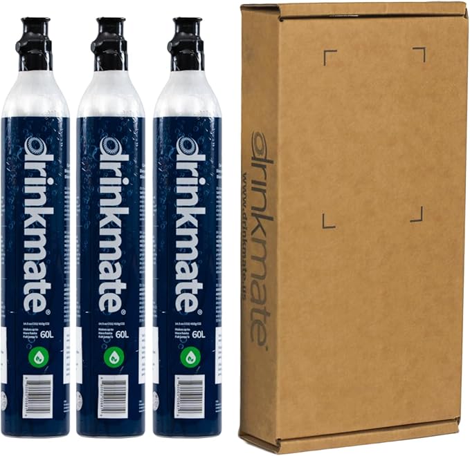 Drinkmate Threaded 60L CO2 Exchange Carbonation Cylinders with Refill Exchange Box, Compatible w/SodaStream (Screw-In), Aarke, Ninja Thirsti, 14.5 Oz, Cartridge Gas Canister Refill (Set of 3)