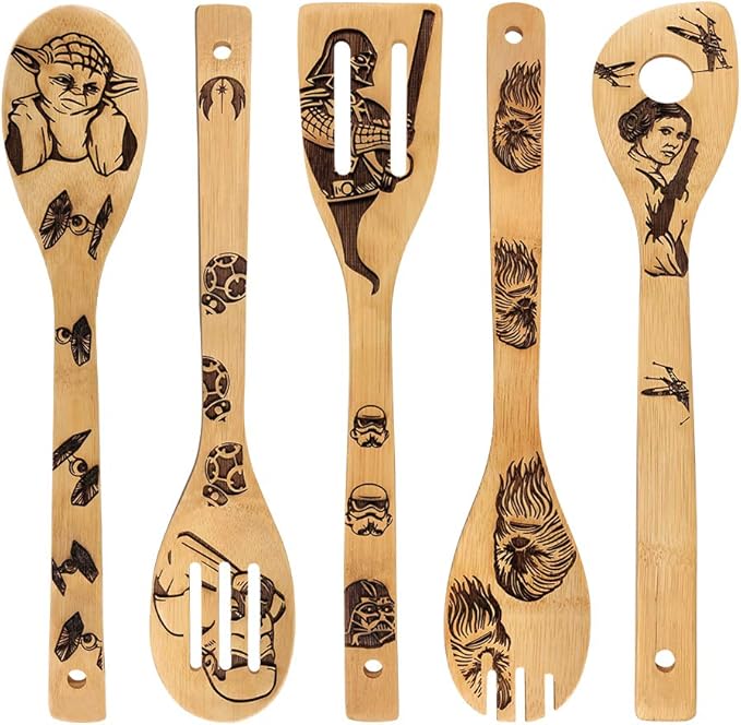 Star War Burned Wooden Spoons Utensil Set Gift Idea Cooking Serving Utensils Natural Bamboo Kitchen House Warming Presents Slotted Spoon 5 Piece