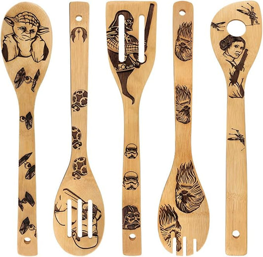 Star War Burned Wooden Spoons Utensil Set Gift Idea Cooking Serving Utensils Natural Bamboo Kitchen House Warming Presents Slotted Spoon 5 Piece
