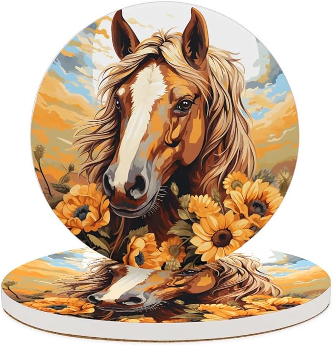 Round Coasters Set of 2, Horse Sunflowers Sunny Sky Absorbent Ceramic Coaster with Cork Base, Bar Coasters for Drinks Coffee Mugs Tea Cups Wine Glasses Home Decor Gifts (4 inches)