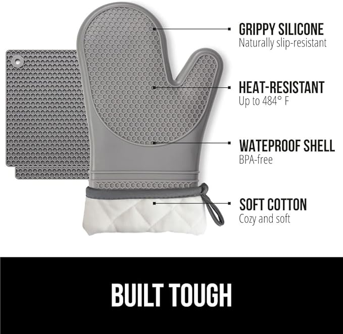 GORILLA GRIP BPA-Free Soft Silicone Oven Mitts and Pot Holders Sets of 4, Heat Resistant Waterproof Cooking Gloves, Thick Cotton Lining, Flexible Gripping for Baking Grilling, Kitchen Trivets, Gray