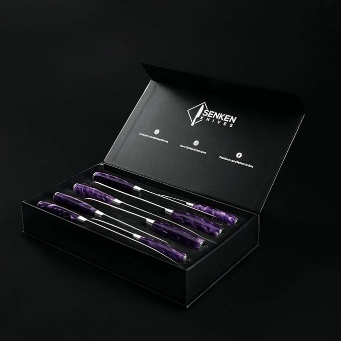 SENKEN 8-Piece Japanese Knife Set with Purple Resin Handle and Laser Damascus Pattern - Amethyst Collection - Chef's Knife, Cleaver, Santoku, Paring Knife, & More (Amethyst Purple)