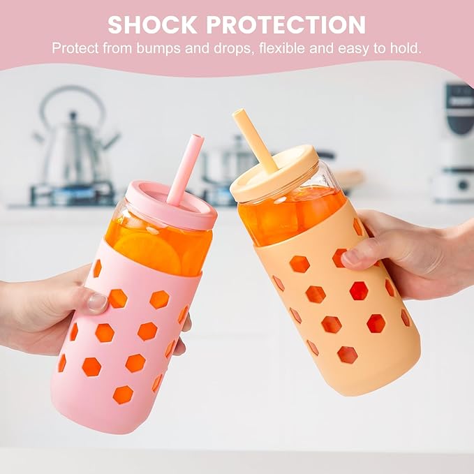 20 oz Glass Cups With Lids and Straws, 4-Pack Iced Coffee Cup - Smoothie Cup With Silicone Lid and Sleeve for Coffee Bar Accessory, Cute Drinking Glasses Set Reusable Glass Tumbler for Gifts