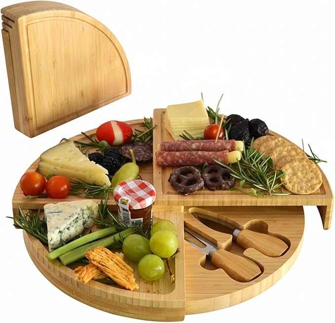Picnic at Ascot Bamboo Cheese/Charcuterie Board with Knives & Cheese Markers- Innovative Patented Design enables All in One Storage