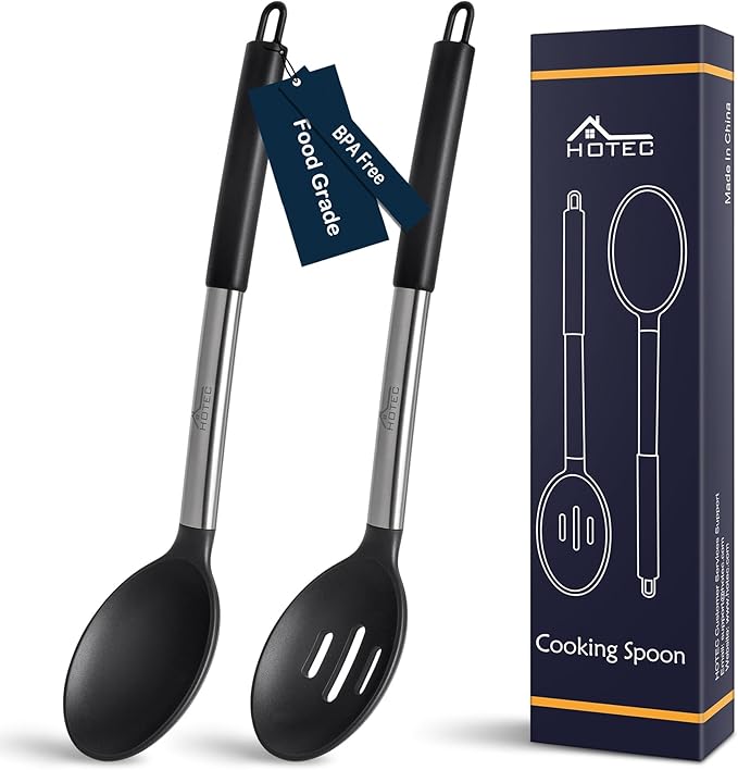 HOTEC 446°F Heat Resistant Large Silicone Cooking Spoon, BPA Free Solid Slotted Spoons, Nonstick Kitchen Cookware Utensils, Mixing, Serving, Stiring Large Spoons, Black