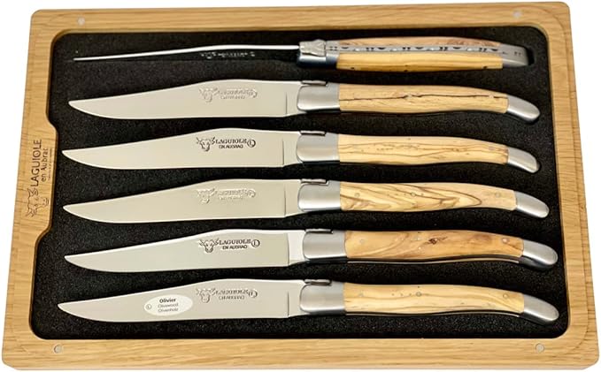 Laguiole en Aubrac Luxury Fully Forged Full Tang Stainless Steel Steak Knives 6-Piece Set with Olivewood Handle, Stainless Steel Matte Bolsters