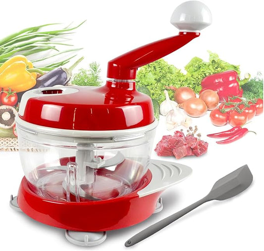 Versatile Hand-Cranked Food Processor - Manual Chopper, Meat Grinder Vegetable Chopper, Slicer Spinner Dicer for Salad, Fruits, Nuts, Herbs, and Onions - Includes Stable Base