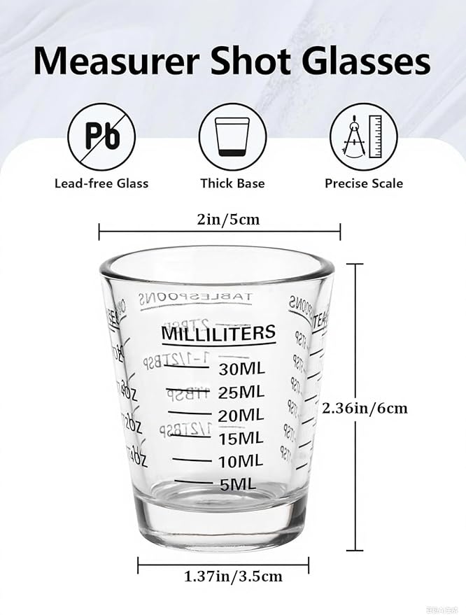 2 Packs Shot Glass Measuring Cups for Bartending, Espresso Jigger with 4 Incremental Measurements (1 OZ, 2 TBS, 6 TSP, 30 ML), Non-Fading, Thick Base Heavy Glass Kitchen & Bar Accessories (Black)