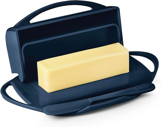 Butterie Flip-Top Butter Dish with Lid & Matching Knife, Holds 2 Sticks/European Butter, No-Mess Butter Holder, Shatterproof, Dishwasher Safe, Navy