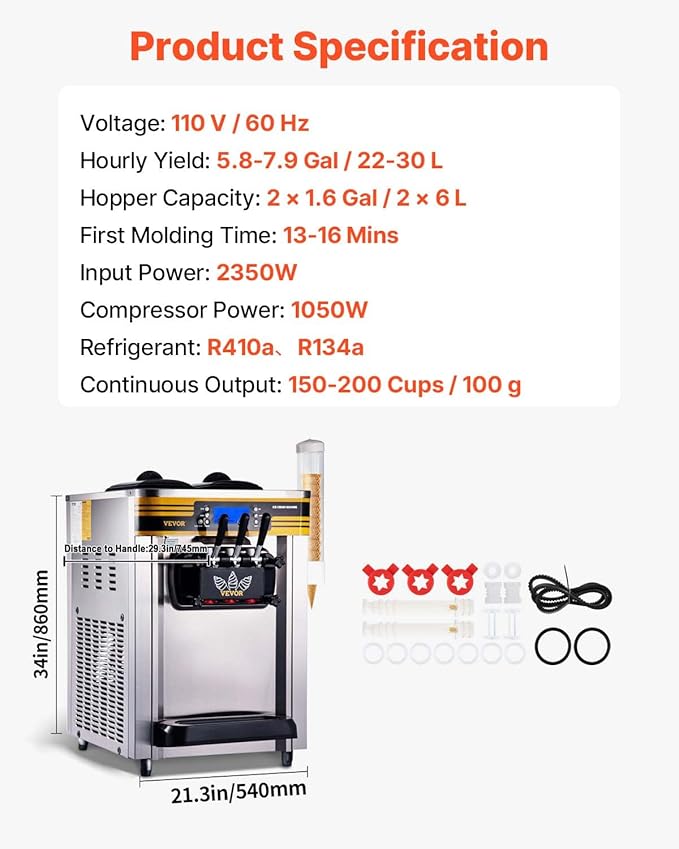 VEVOR Commercial Ice Cream Maker, 22-30L/H Yield, 2350W Countertop Soft Serve Machine with 2x6L Hopper 2L Cylinder LCD Panel Puffing Shortage Alarm, Frozen Yogurt Maker for Restaurant Snack Bar
