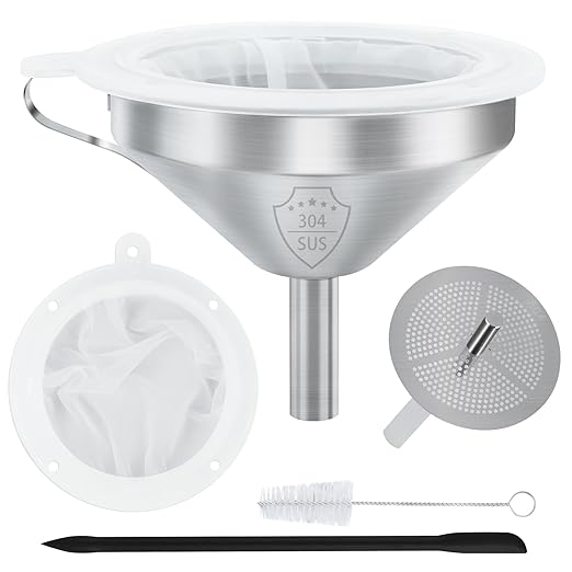 WMKGG 304 Stainless Steel Funnel, 5 Inch Funnels for Kitchen Use Filling Bottles, with 200 Mesh and 100 Mesh Fine Mesh Strainer, for Oils, Juice, Wine, Coffee, Milk, Tea, Powder