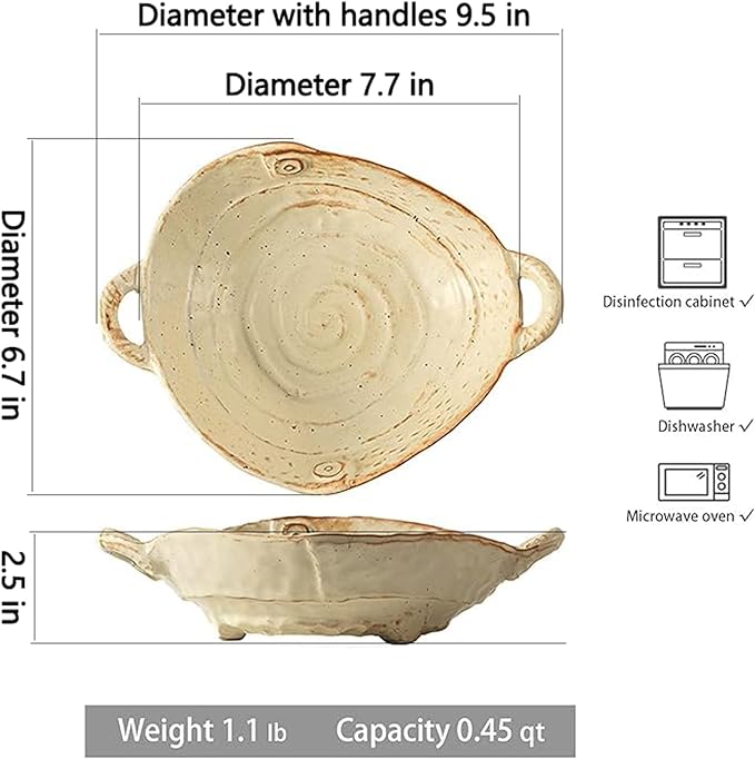 Retro Glazed Ceramic Serving Bowl with Handles Irregular Bowl Opening for Spaghetti,Fruit,Salad,Table Centerpiece Deco
