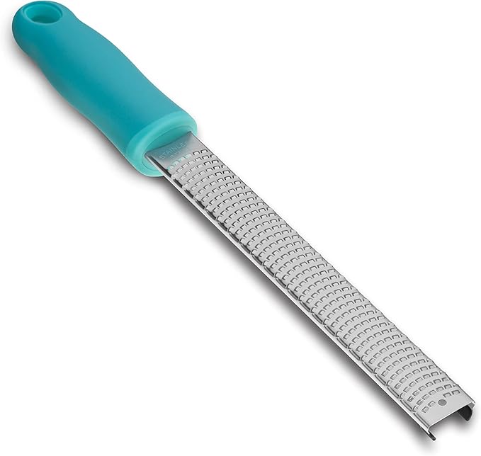 8-Inch Lemon Zester & Cheese Grater 18/8 Stainless Steel Citrus Zester for Lemon, Lime, Parmesan, Garlic & Ginger 8’’ Long Razor Sharp Blade, Ergonomic Non‑Slip Handle with Protective Cover, Blue