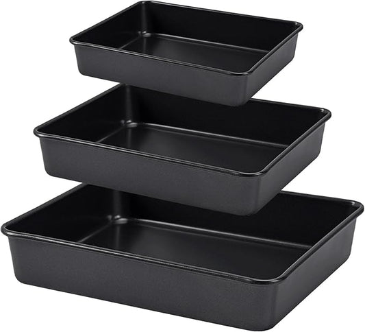 CAMOFOXIN Nonstick Roasting Pan, Deep Baking Pan Set, Large Cake Pan Sets for Oven, 3-Piece Brownie Pan （Black）
