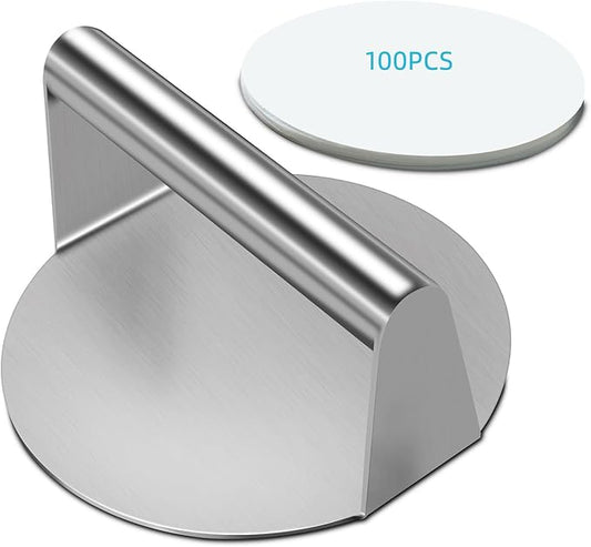 Burger Press Patty Maker,Stainless Steel Smash Burger Press With 100Pcs Parchment Papers,6.3inches Hamburger Smasher Tool,Burger Smasher for Griddle， Smashburger,Bacon,Ground Beef,Meat,Sausage