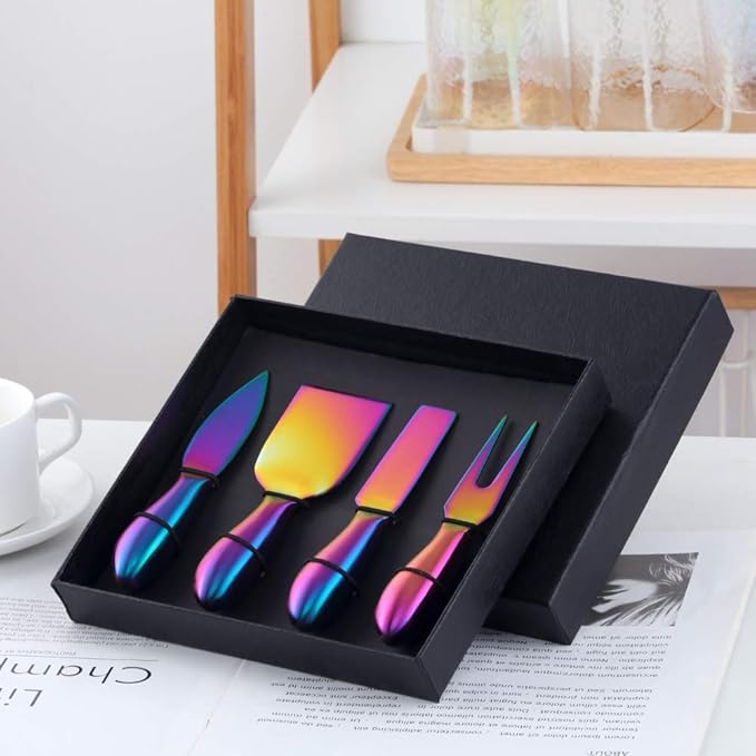 Buyer Star Rainbow 4 Piece Cheese Knife Set Stainless Steel Mini Cheese knives Charcuterie Board Accessories Cheese Spreader Knife with Gift Box for Charcuterie, Gift-Ready