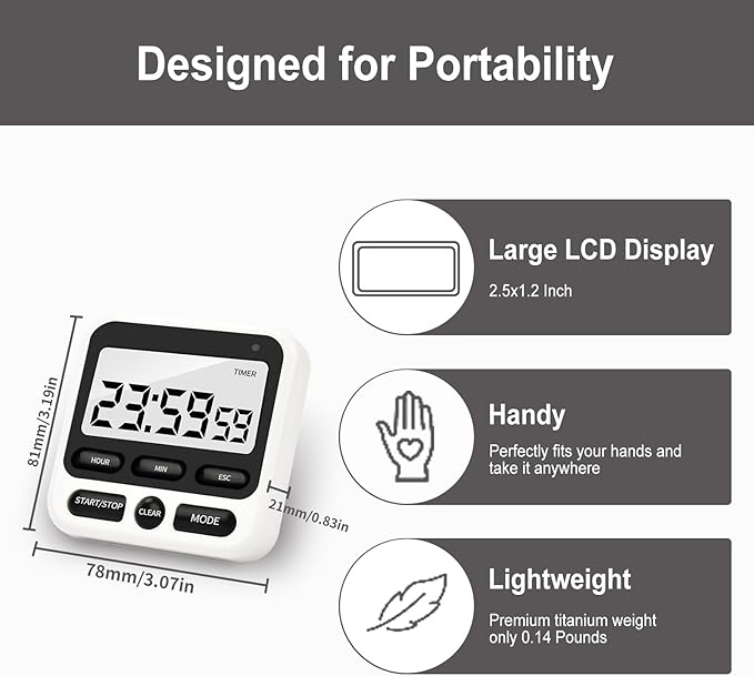 2 Pack Digital Kitchen Timer with Mute/Loud Alarm,Count Up/Down, 24 Hour Clock and Alarm Function for Kids Teacher Cooking
