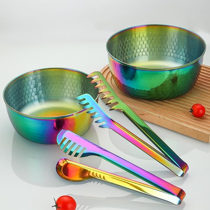Stainless Steel Mixing Bowls with Food Tongs Set, Meal Prep Metal Mixing Bowls For Home, Refrigerator,and Kitchen Food Storage Organizers - Rainbow