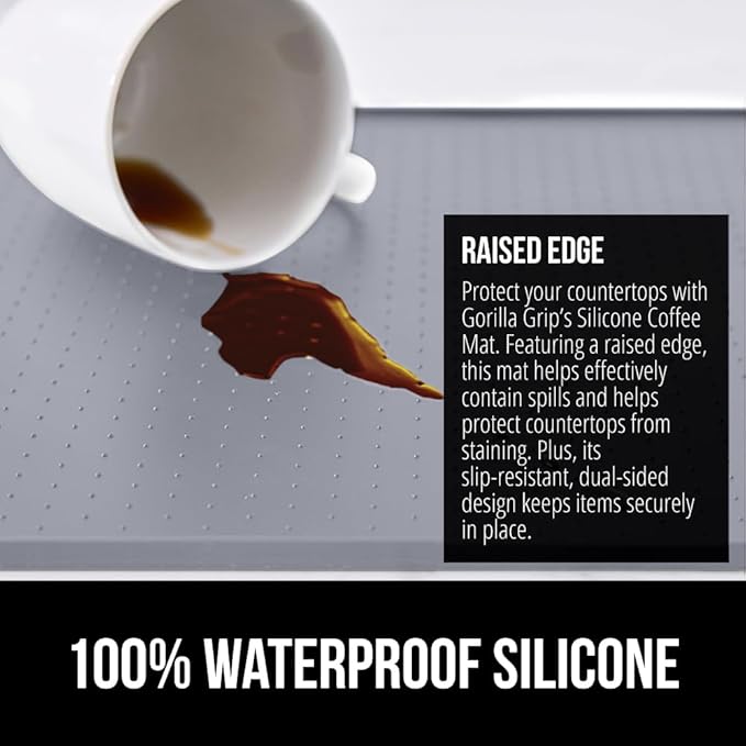 GORILLA GRIP Silicone Coffee Mat, Espresso Machine Bar Accessories, Keep Kitchen Counters Clean, Stays in Place, Waterproof and Heat Resistant Dish Drying Mats, Home Decor Essentials, 11.5x18.8, Gray
