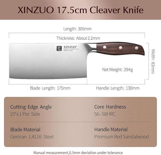 XINZUO Meat Cleaver Knife, 7 Inches German Stainless Steel Chef Cleaver Knife,Vegetable Meat Cleaver,Multifunction Chopper Butcher Knife,Chinese Chef Knife, Ultra Sharp, Red Sandalwood Handle