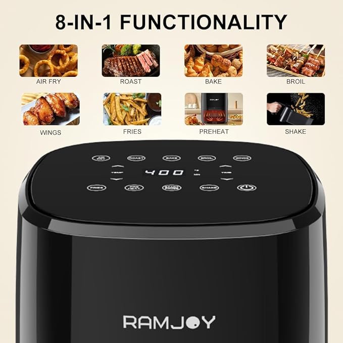RAMJOY Air Fryer 3.8 Quarts for 1-2 people, 8-in-1 Functions, Air Fry, Roast, Bake, Broil, Preheat, Shake, Digital Small Air Fryer, Nonstick Dishwasher-Safe Basket, Compact Air Fryers, Black