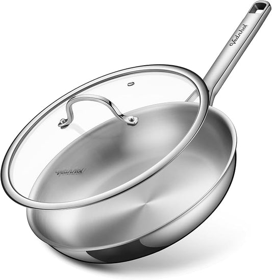 VEDNHOL Stainless Steel Pan with Lid,12 Inch Stainless Steel Frying Pan,Tri-Ply Stainless Steel Skillet,Steel Pan for Cooking,PFOA&PTFE Free,Dishwasher and Oven Safe,Induction&All Stove Compatible