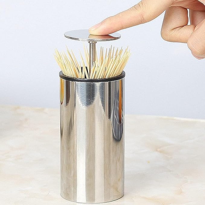 Kemaily Toothpick Holder, Automatic Stainless Steel Toothpick Holder Dispenser Click Open, Modern Toothpick Storage Box for Bamboo Toothpick