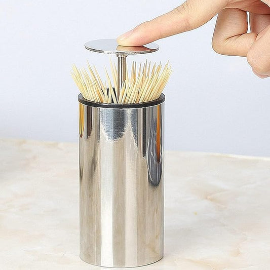 Kemaily Toothpick Holder, Automatic Stainless Steel Toothpick Holder Dispenser Click Open, Modern Toothpick Storage Box for Bamboo Toothpick