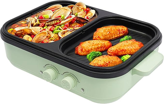 1300W & Nonstick Dual Zone Electric Hot Pot & Tabletop Grill for 6 People, Multi-Cooker for Hot Pot, BBQ, Korean BBQ, Shabu Shabu, Family Dinner & Party, 110V (1300w+green)