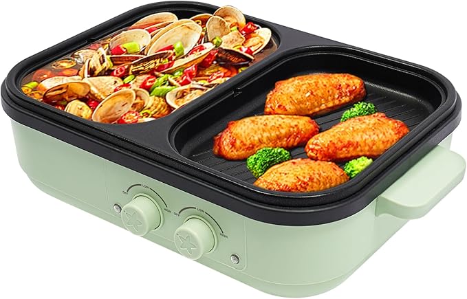 2-in-1 Hot Pot Grill, Electric with Grill, Indoor Non-Stick, Dual Temperature Control, Fast Heating, Portable, Green
