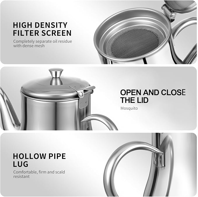 Yardwe Stainless Steel Oil Filter Pot - 24Oz Oil Dispenser with Fine Mesh Strainer for Kitchen Storage and Grease Container