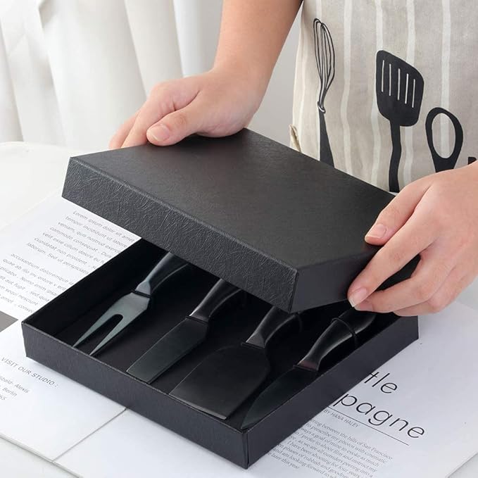 Buyer Star Black 4 Piece Cheese Knife Set Stainless Steel Mini Cheese knives Charcuterie Board Accessories Cheese Spreader Knife with Present Box for Charcuterie, Present-Ready