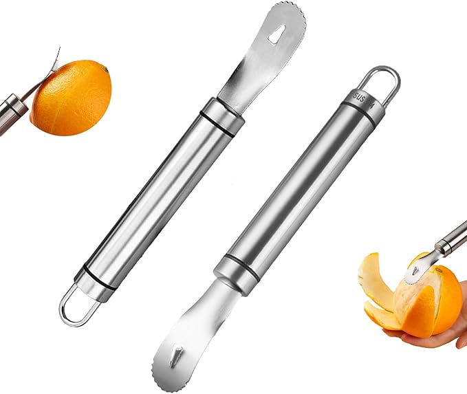 2Pcs Stainless Steel Orange Peeler Tool, Citrus Peeler with Triangular Blade & Serrated Edge, Long Handle Kitchen Gadget for Easy Quick Peeling, Durable Fruit Vegetable Cutting Tools (Orange & Citrus)