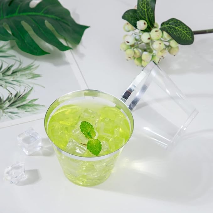 WELLIFE 120PCS Silver Disposable Plastic Cups,9 oz Clear Plastic Cups,Disposable Wine Glasses for Party