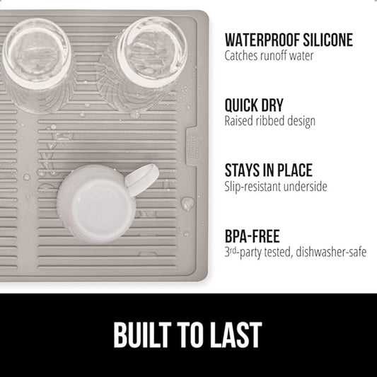 GORILLA GRIP 100% BPA-Free Patented Silicone Dish Drying Mat for Kitchen Counter, 18x16 Inch, Water Catching Ribbed Design, Easy Clean Waterproof Sink Liner, Heat Resistant, Fits Under Rack, Almond