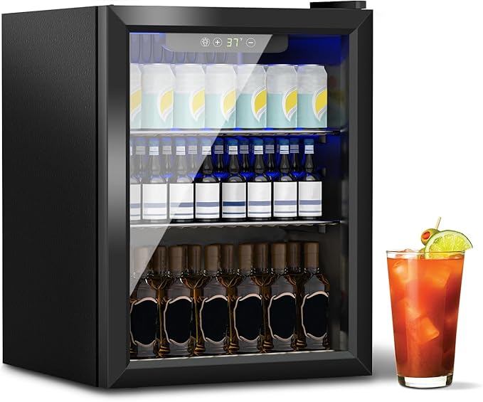 Stopasd Compact Beverage Refrigerator, 1.6 Cu.Ft/70 Can Drink Fridge, with Glass Door, Adjustable Shelves & Digital Display, Quiet Undercounter Small Fridge for Home/Office/Bar/Garage,Sliver