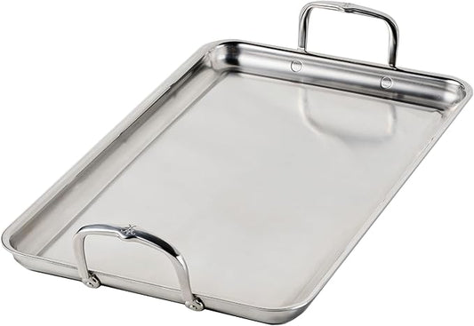 Hestan Provisions Tri-Ply Stainless Steel Double Burner Griddle, 21x13-Inch, with Drip Drain, Induction Compatible