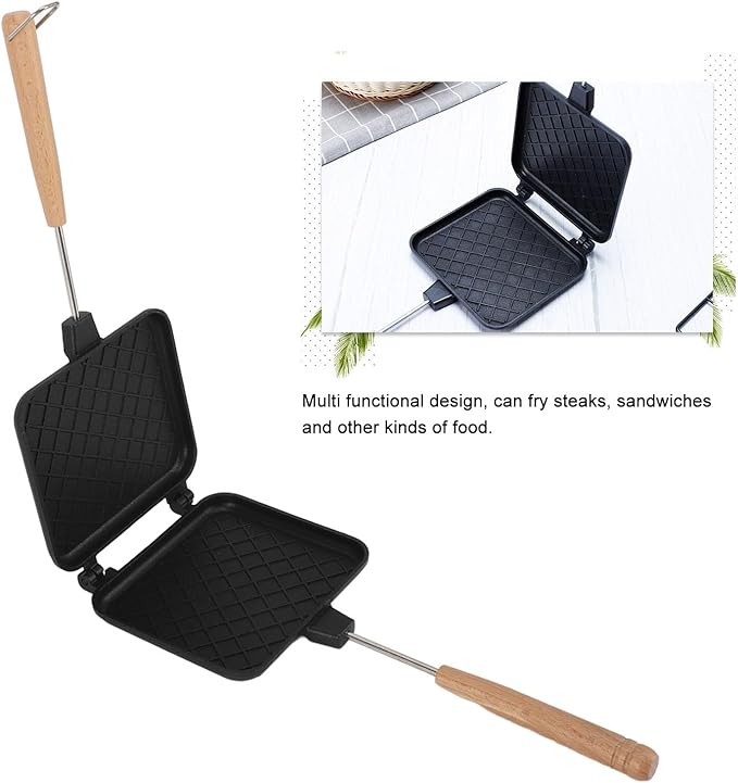 Topyond Double Sided Frying Pan Aluminum Sandwich Maker with Solid Wood Handle,Non Stick Stovetop Sandwich Press for Gas and Induction Stoves,Panini Grill for Grilled Cheese