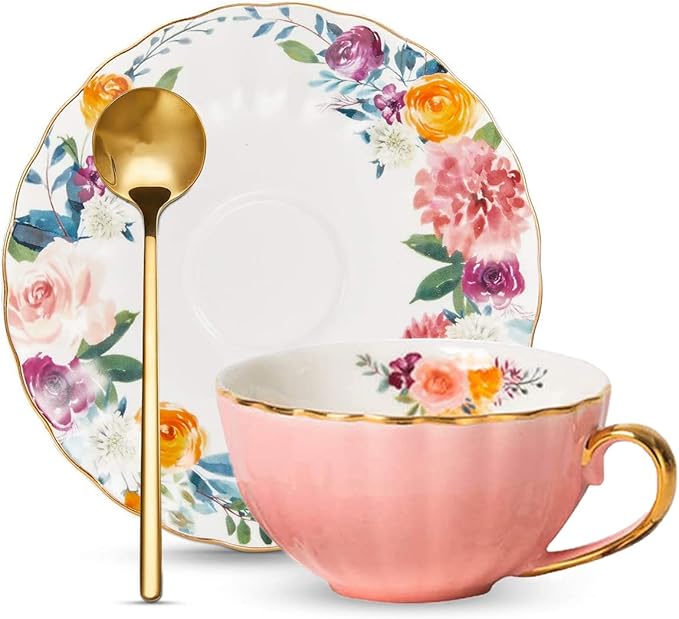 ONEUSTAR Tea Cup and Saucer Set for 1 Bone China English Tea Cup with Spoon Floral Teacup 8 oz British Coffee Latte Mug for Mother's Day Gifts, Pink