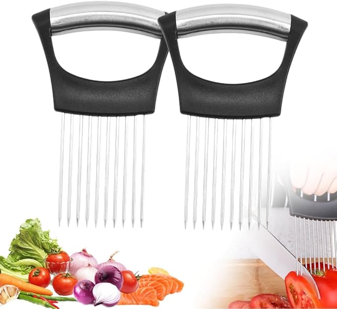 Stainless Steel Onion Slice Holder, Onion Holder for Slicing, Egg Cutter Vegetable Chopper, Ultifunctiona Fruit Slicer OnionPin Slicer Loose Meat Pin, Kitchen Chopper Slicing Tool (2, B)