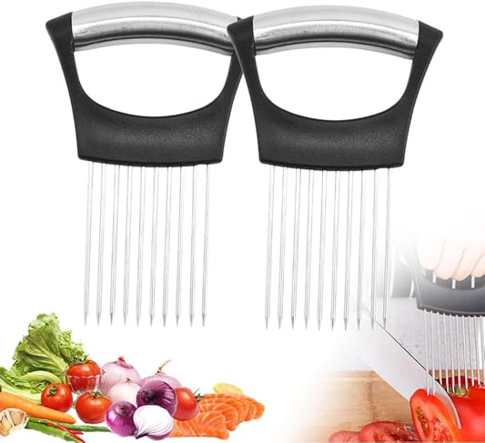 Stainless Steel Onion Slice Holder, Onion Holder for Slicing, Egg Cutter Vegetable Chopper, Ultifunctiona Fruit Slicer OnionPin Slicer Loose Meat Pin, Kitchen Chopper Slicing Tool (2, B)