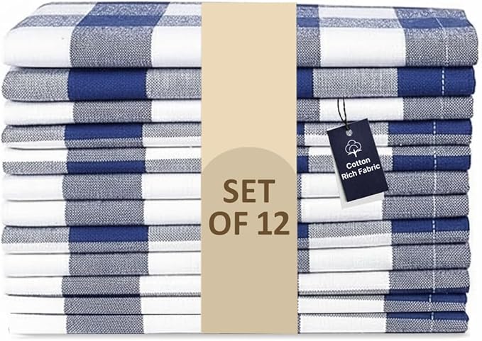 LFH Home 100% Cotton Cloth Reusable Dinner Napkins Set of 12 Washable Soft Decorative Buffalo Plaid Gingham and Checkered Table Napkins for Holidays Wedding Farmhouse Decor 18x18 Inch - Blue & White